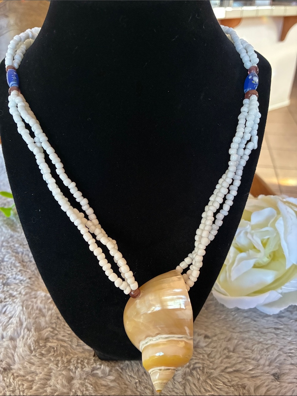 Handcrafted White Beaded Necklace with Yellow Shell Pendant